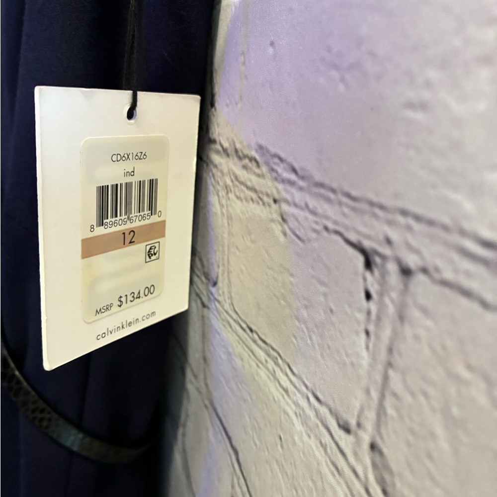 Calvin Klein Blue Paneled Cap Sleeve A-Line Knee Length Belted Dress NWT Size 12 - Picture 6 of 9